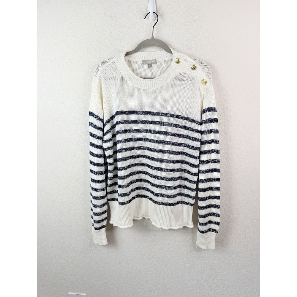 J.Crew‎ Linen Cotton Striped Sweater Women's L Nautical Sailor Gold Buttons